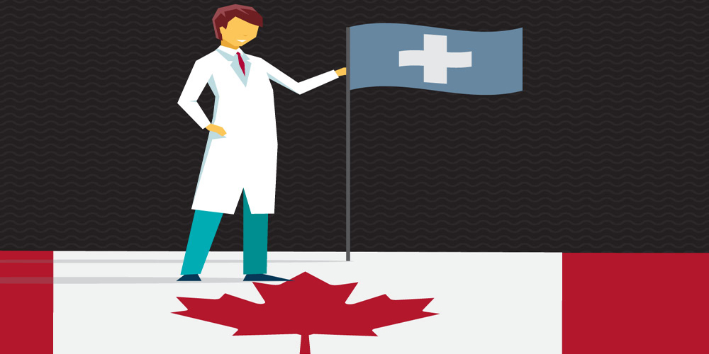 Stylized cartoon illustration of an SGU International Medical Graduate ready to practice medicine in Canada.