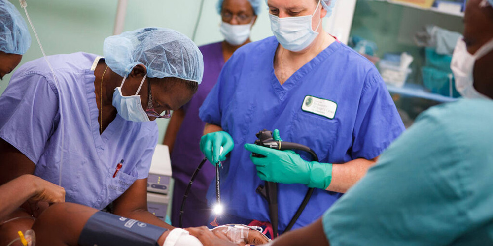 A gastroenterologist performs an upper endoscopy at the General Hospital in St. George's