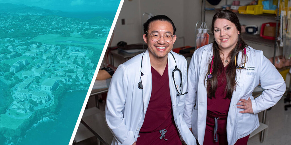 SGU students smile next to picture of campus