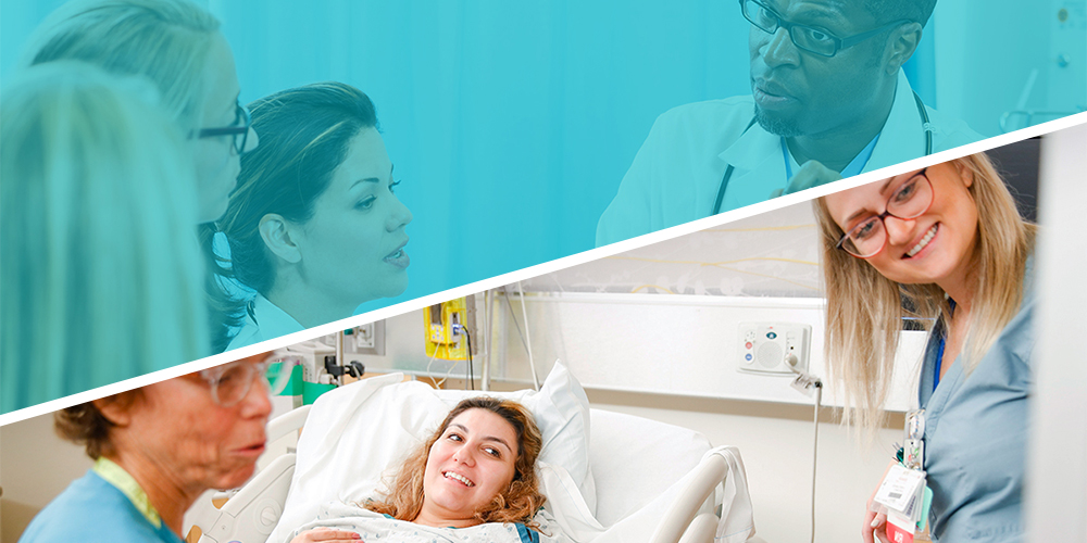 Split banner image showing two scenes of pre-med students shadowing a doctor.