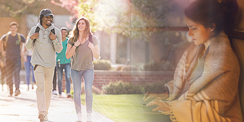 Collage of Students walking and a student conducting experiment in college science class.