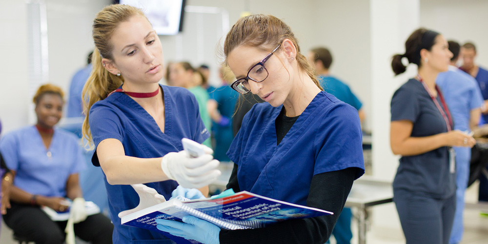 Students viewing manual