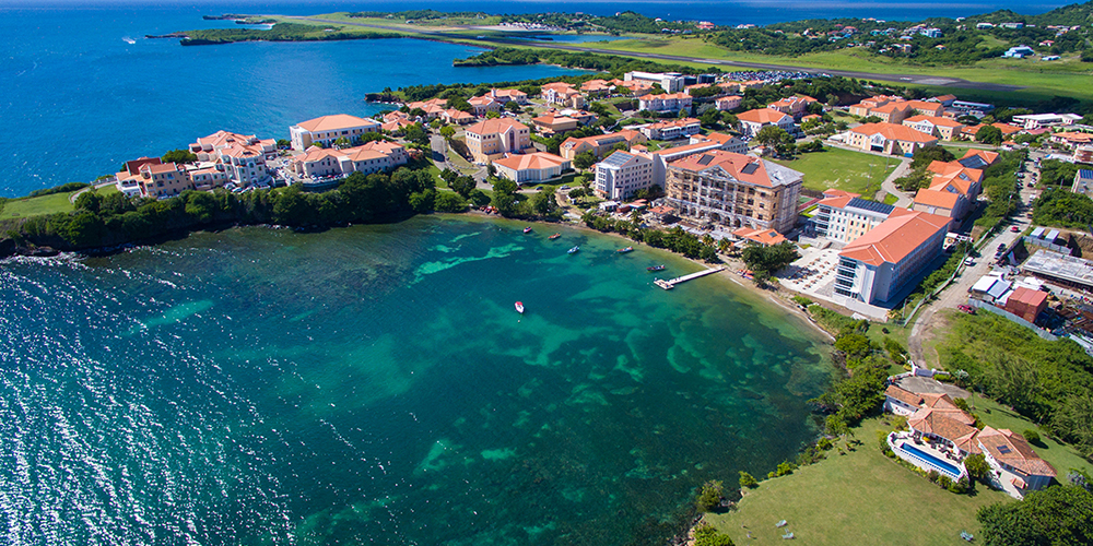 An aerial shot of SGU’s Grenada campus on a sunny day.