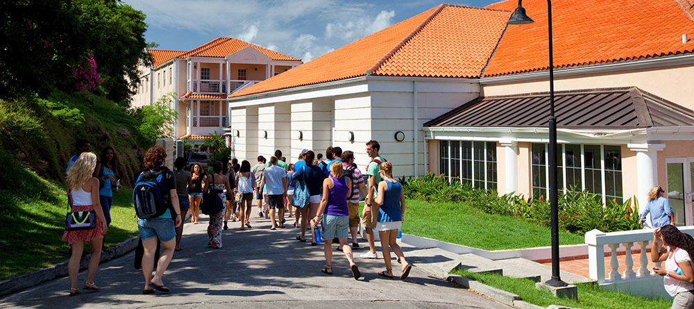 SGU students walk to and from classes on the Grenada campus