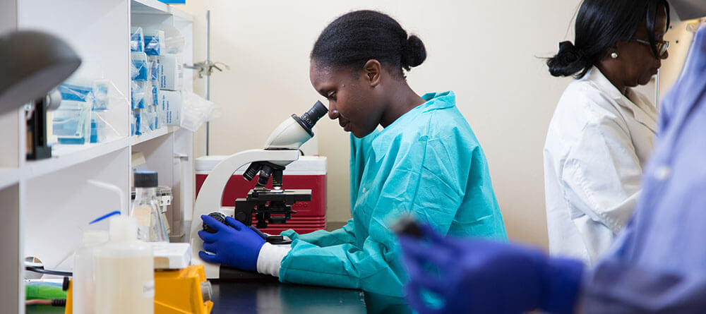 An SGU student examines a microscopic sample in a laboratory setting