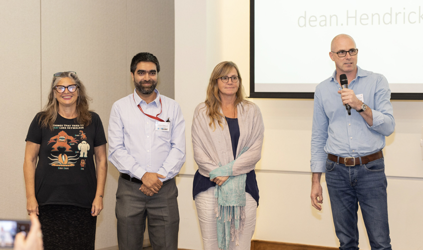 Dr. Arend Werners, assistant dean of academics and chair of the SVM planning committee for InVeST 2023, thanked participants for attending the conference, along with fellow committee members, Drs. Annie Corrigan, Firdous Khan, and Heidi Janicke (left to right). 