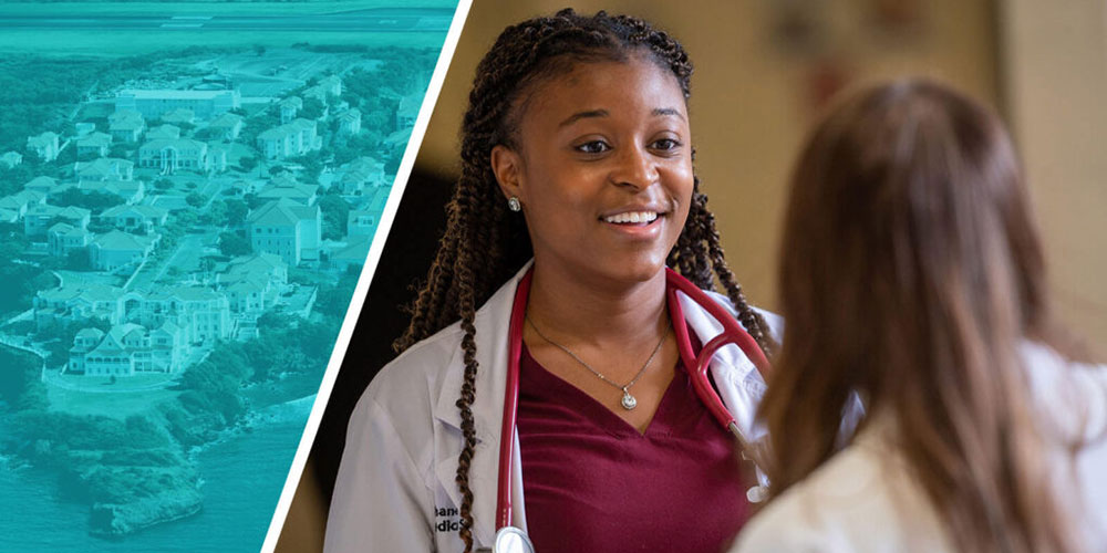 Smiling SGU student wearing white coat|An SGU residency student performs an exam on a patient|A pair of SGU students study overlooking the Caribbean Sea|SGU students pose for a photo as they celebrate receiving their residency matches|Casey Wiley pull quote image|Casey Wiley pull quote image|Dr. Casie Wiley pull quote