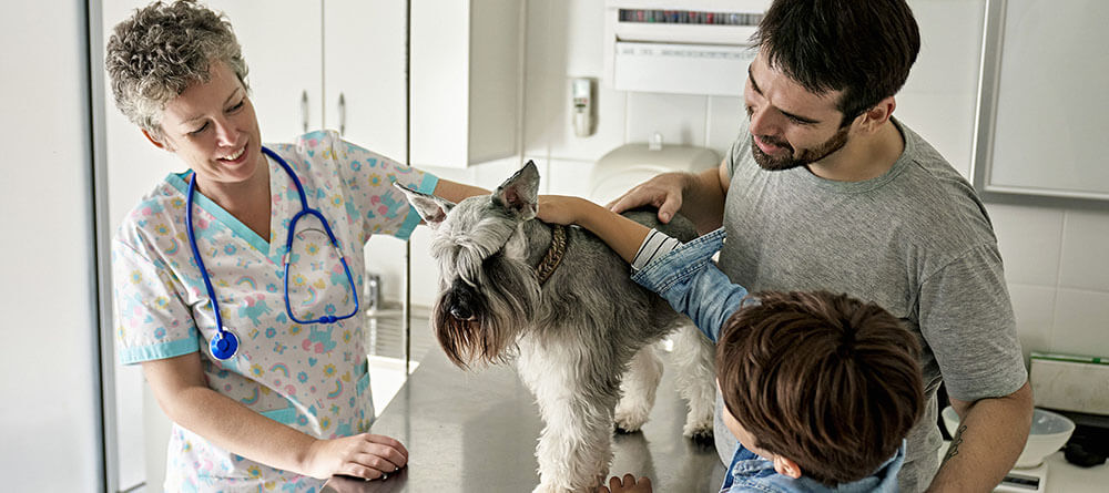 A veterinarian speaks with a family about their pet dog