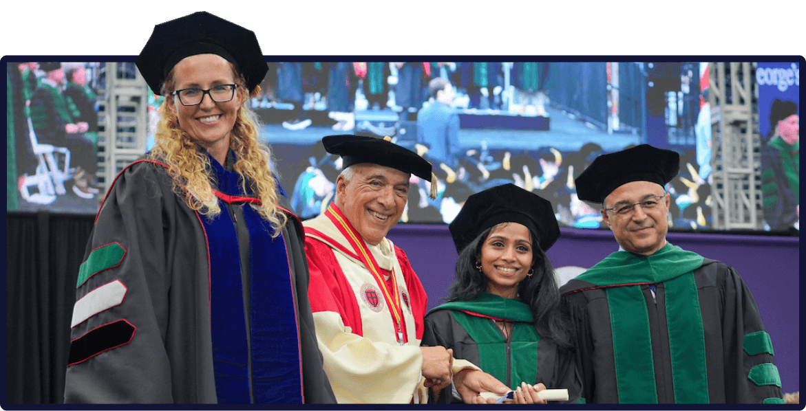 Dr. Lucy Clunes, Charles Modica, and Marios Loukas with a student at SGU Commencement